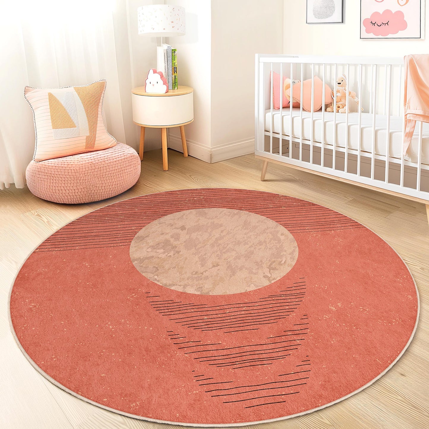 Modern Round Area Rug, Geometric Pattern Round Carpet, Soft Circular Rug for Kids Room, Boho Nursery Decor, Playroom Mat