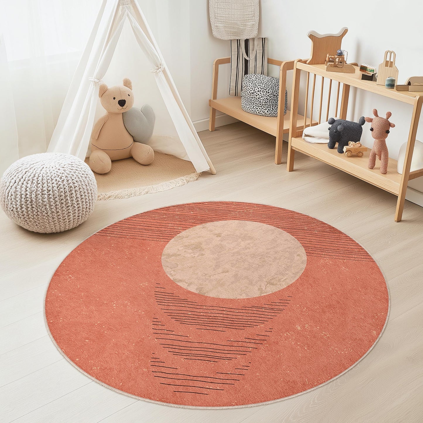 Modern Round Area Rug, Geometric Pattern Round Carpet, Soft Circular Rug for Kids Room, Boho Nursery Decor, Playroom Mat