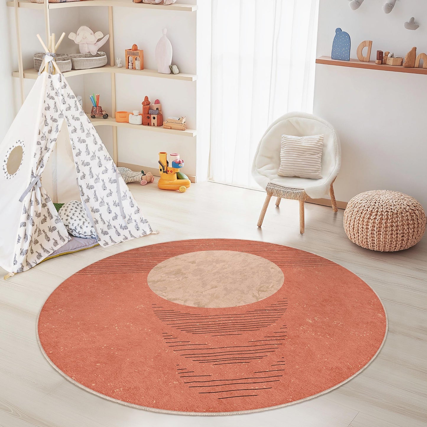 Modern Round Area Rug, Geometric Pattern Round Carpet, Soft Circular Rug for Kids Room, Boho Nursery Decor, Playroom Mat