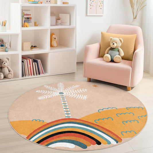Colorful Rainbow Palm Tree Round Kids Rug, Playful Nursery Decor, Soft Round Carpet for Children's Room, Whimsical Play Mat