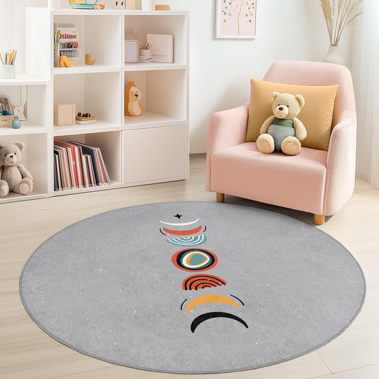 Colorful Moon Phases Round Kids Rug, Circular Play Mat for Children's Room, Soft Nursery Decor, Playroom Area Rug