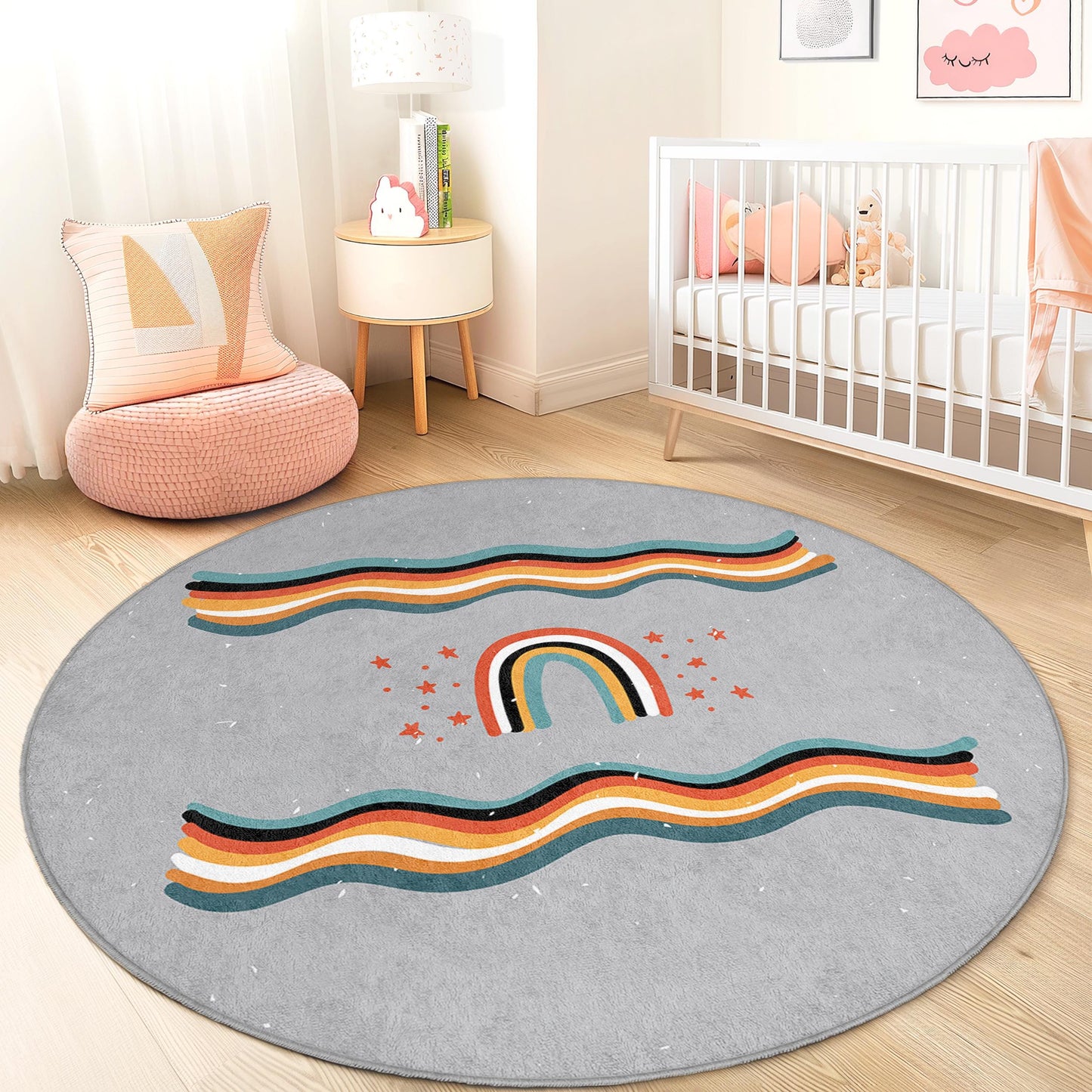 Rainbow Waves Round Kids Rug, Playful Round Carpet, Colorful Nursery Decor, Soft Kids Room Rug, Kids Playroom Mat