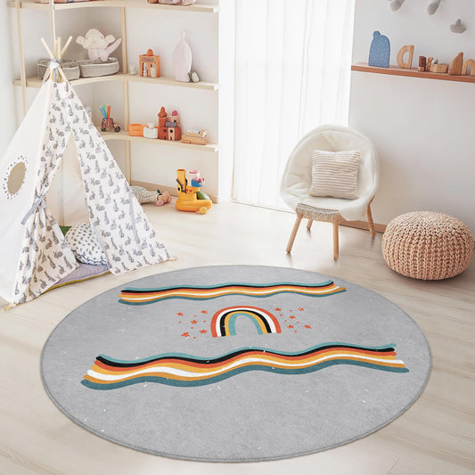 Rainbow Waves Round Kids Rug, Playful Round Carpet, Colorful Nursery Decor, Soft Kids Room Rug, Kids Playroom Mat