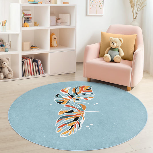 Colorful Leaf Pattern Round Kids Rug, Tropical Leaf Play Mat, Soft Round Carpet for Childrens Room, Nursery Decor, Kids Room Rug
