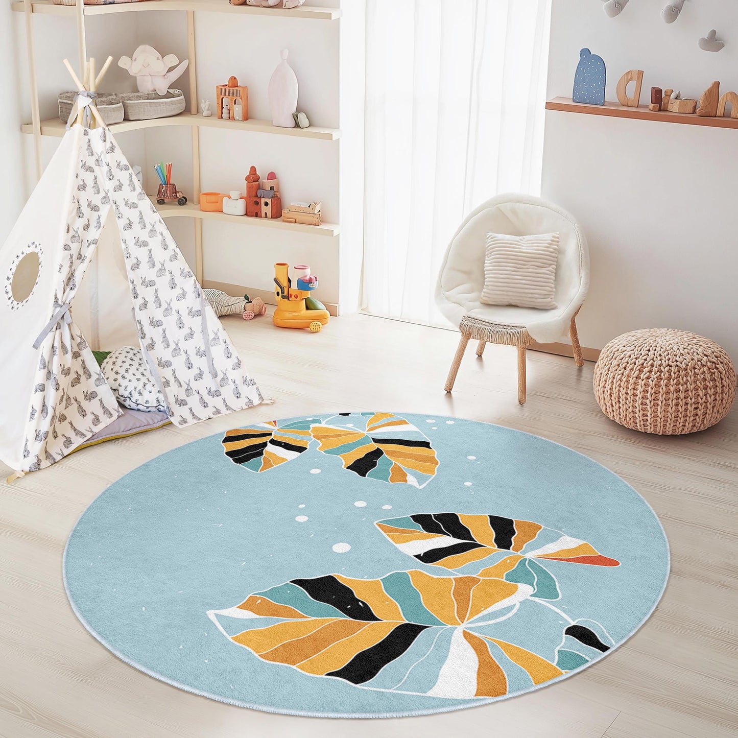 Whimsical Leaf Pattern Round Kids Rug, Vibrant Floral Area Rug, Round Playroom Carpet, Soft Nursery Decor, Playful Kids Room Rug