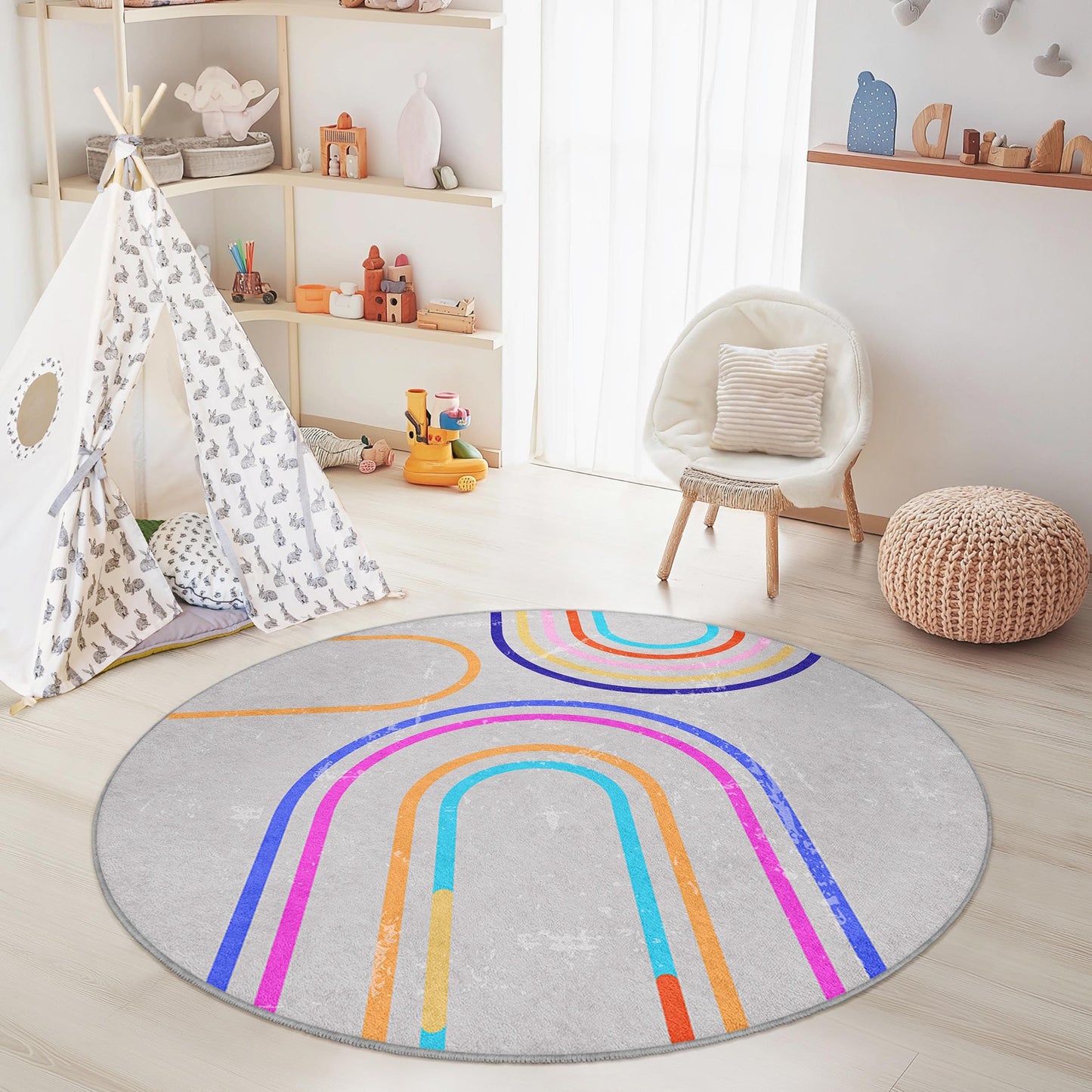 Colorful Rainbow Round Kids Rug, Playful Circle Carpet, Kids Room Decor, Soft Play Mat, Nursery Rug, Vibrant Children's Carpet