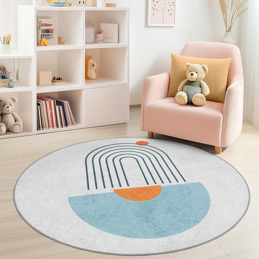Rainbow Arc Round Kids Rug, Colorful Playroom Carpet, Soft Nursery Decor, Round Play Mat for Childrens Room, Modern Kids Rug