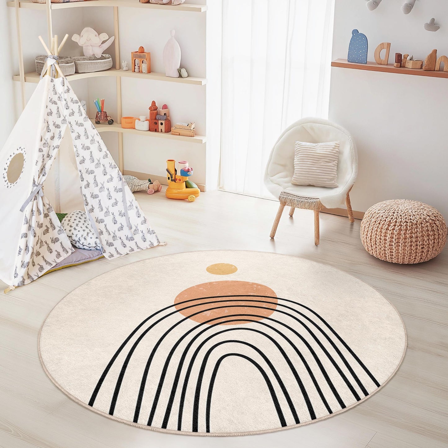 Rainbow Abstract Round Rug, Boho Kids Room Decor, Nursery Play Mat, Soft Playroom Carpet, Modern Round Area Rug