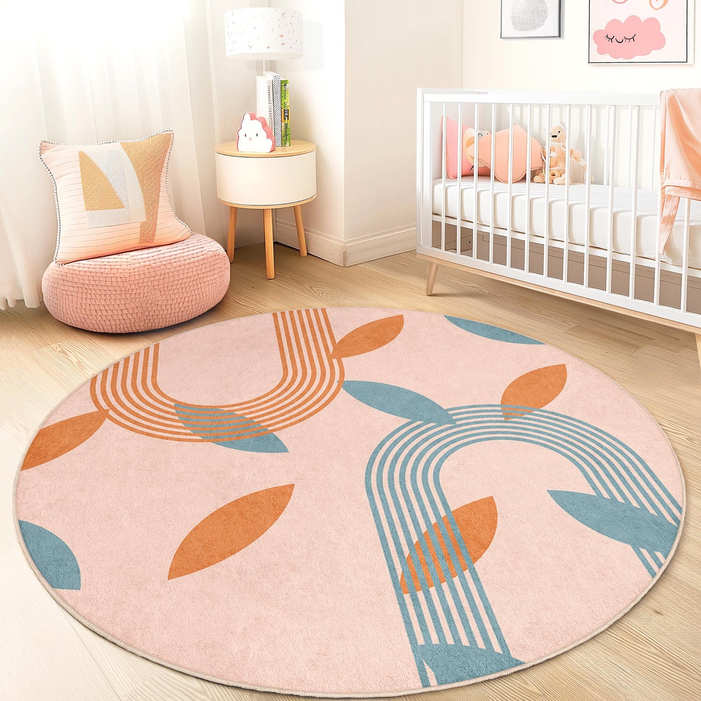 Modern Geometric Round Area Rug, Leaf Pattern Kids Room Carpet, Soft Play Mat for Nursery, Playroom Decor, Stylish Round Rug