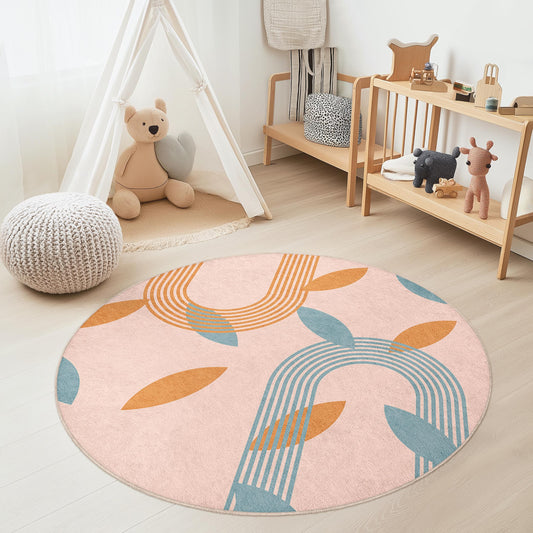 Modern Geometric Round Area Rug, Leaf Pattern Kids Room Carpet, Soft Play Mat for Nursery, Playroom Decor, Stylish Round Rug