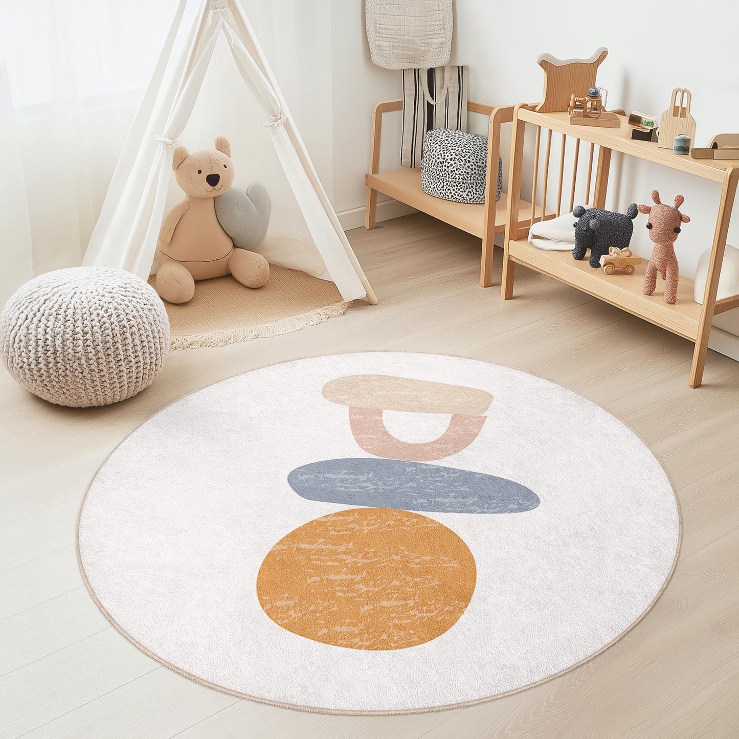 Abstract Round Kids Rug, Soft Nursery Carpet, Playroom Decor, Modern Design Play Mat, Baby Room Rug, Colorful Circle Rug