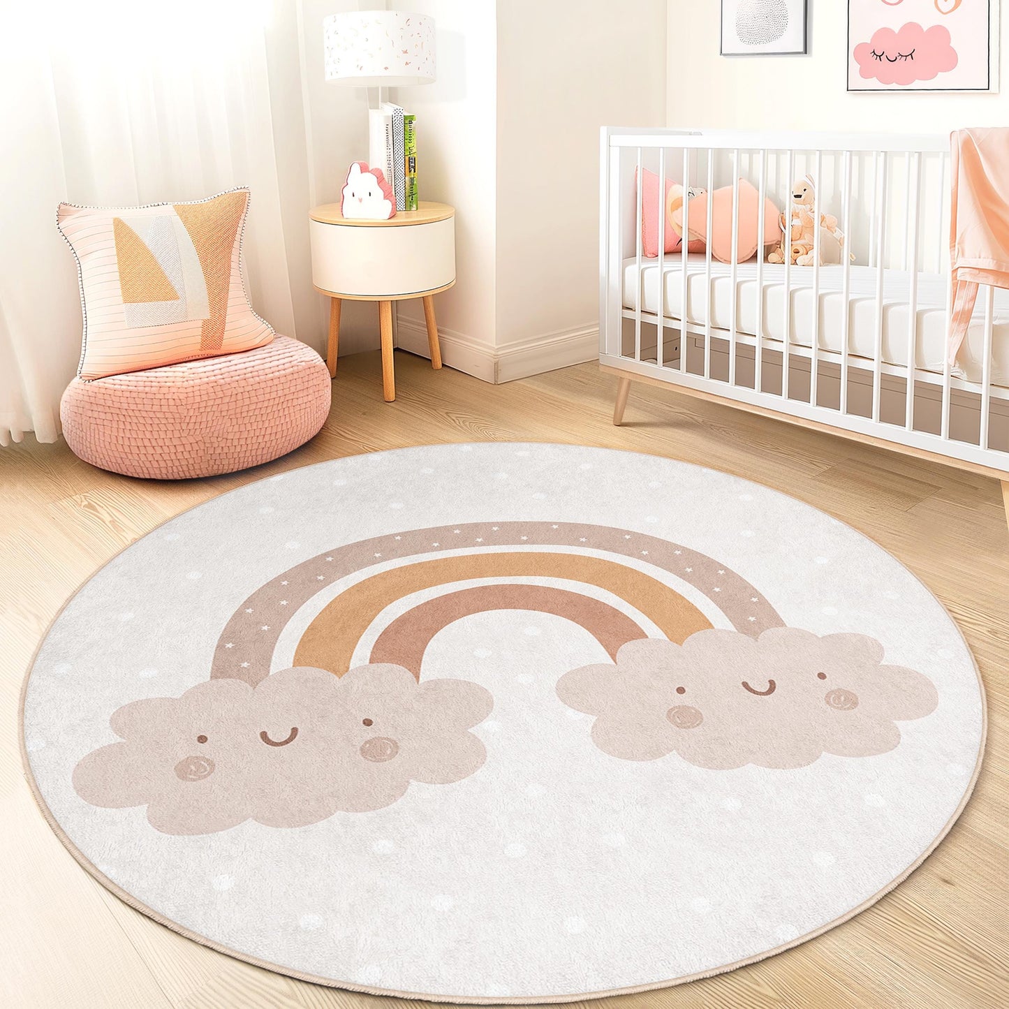 Cute Rainbow Clouds Round Kids Rug, Playful Nursery Decor, Soft Round Carpet for Children's Room, Cozy Play Mat, Kids Room Accessories
