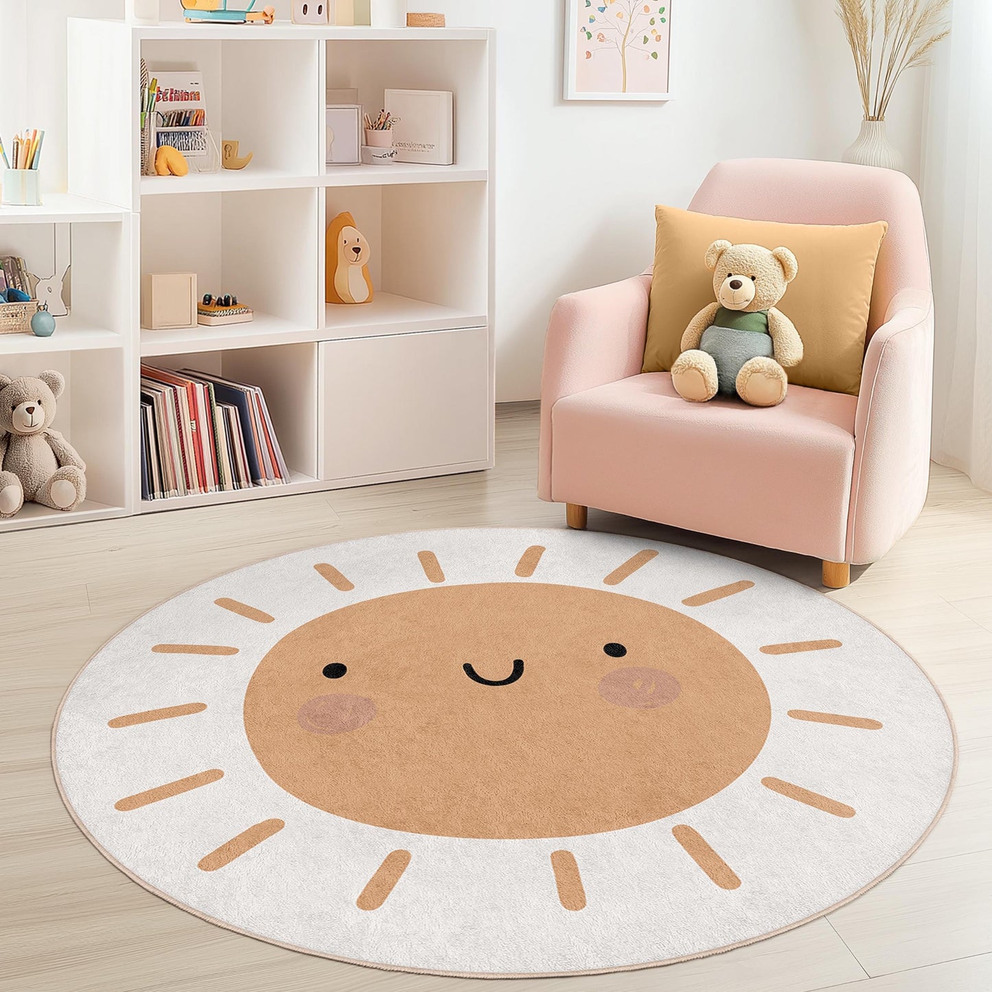 Cute Smiling Sun Round Kids Rug, Playful Sun Design Rug, Childrens Room Decor, Nursery Round Rug, Playroom Floor Mat