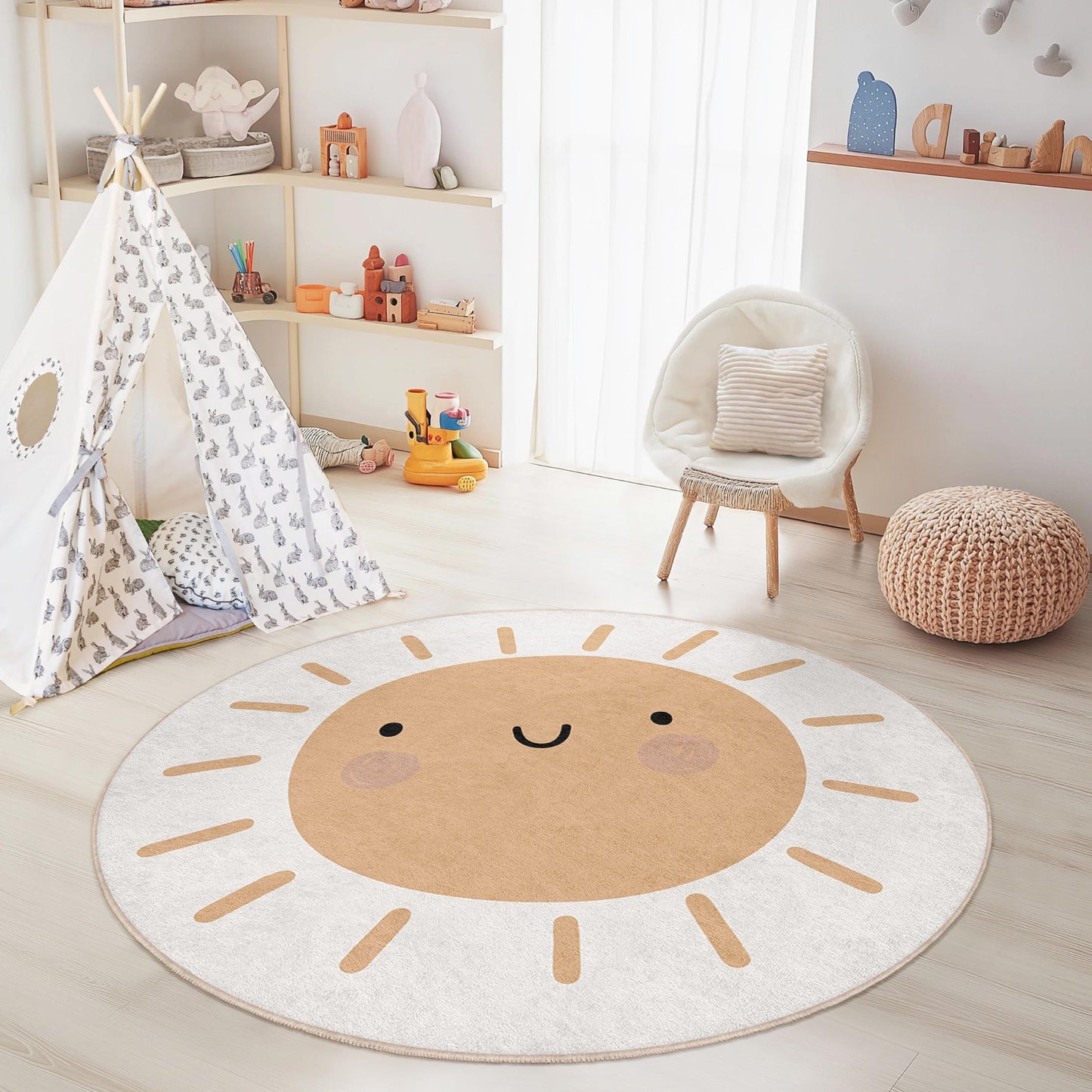 Cute Smiling Sun Round Kids Rug, Playful Sun Design Rug, Childrens Room Decor, Nursery Round Rug, Playroom Floor Mat