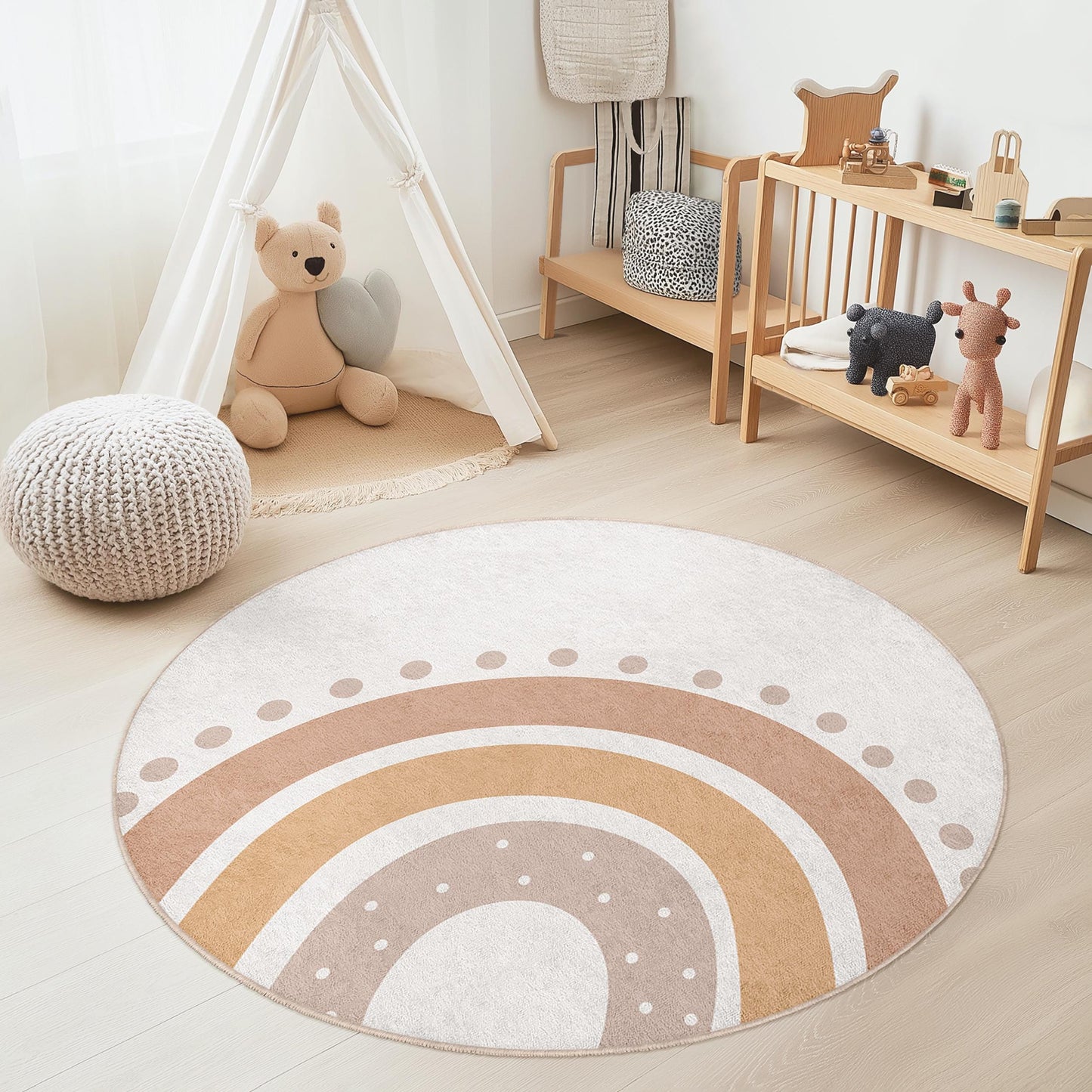 Boho Rainbow Round Kids Rug, Soft Nursery Rug, Playroom Decor, Round Play Mat, Kids Room Carpet, Baby Room Rug, Cozy Kids Decor