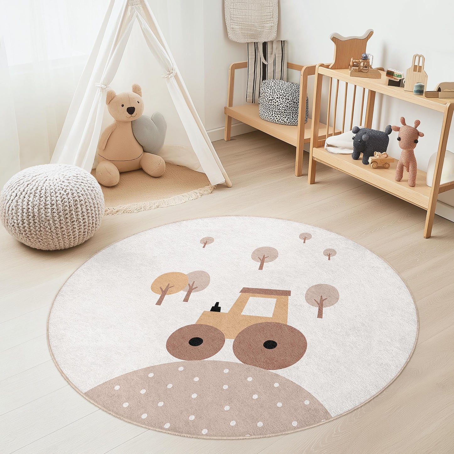 Cute Tractor Round Kids Rug, Farm Animal Play Mat, Nursery Decor, Childrens Round Carpet, Soft Playroom Rug, Cozy Kids Room Accessory