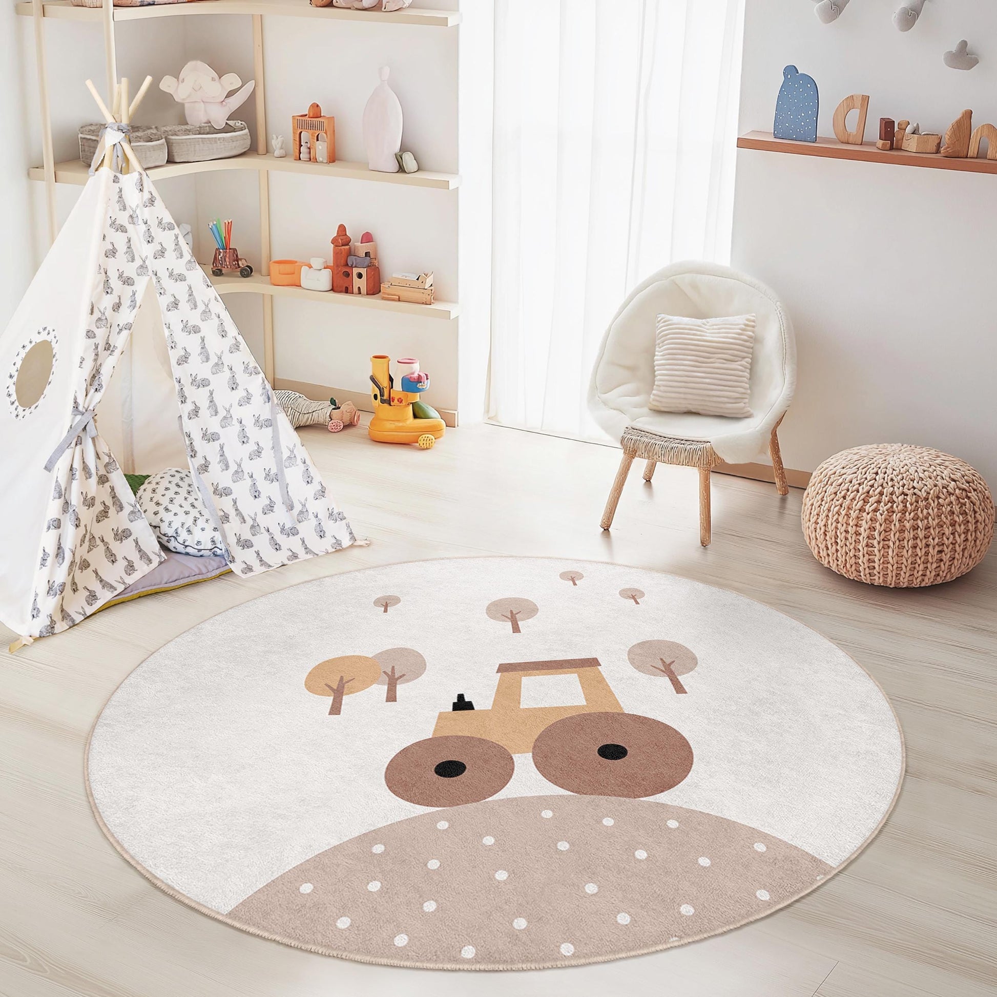 Cute Tractor Round Kids Rug, Farm Animal Play Mat, Nursery Decor, Childrens Round Carpet, Soft Playroom Rug, Cozy Kids Room Accessory