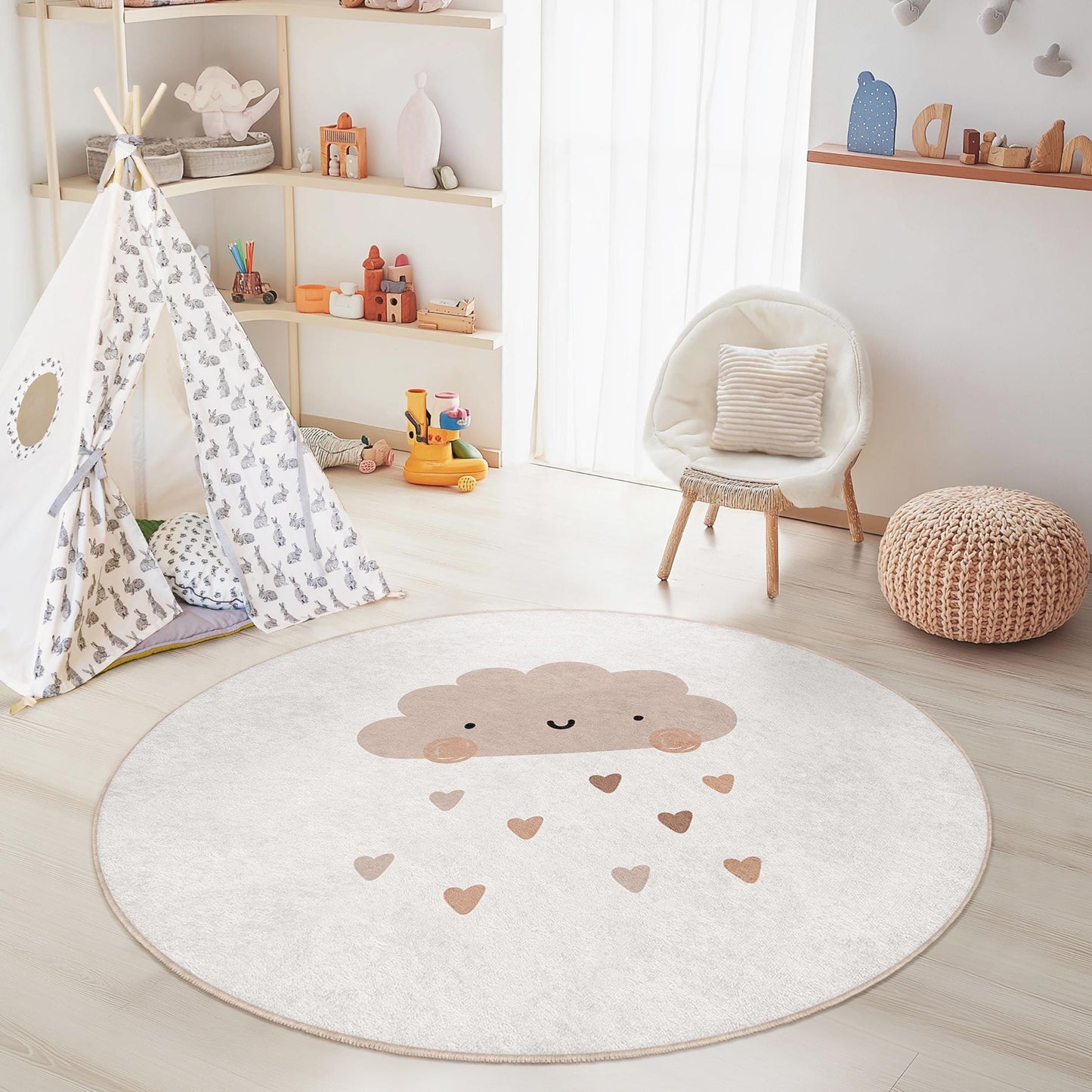 Schattig rond kinderkleed met wolkjesmotief, lief kleed voor de babykamer, zacht speelkleed, babykleed met hartjes en regenprint, decoratie voor de kinderkamer