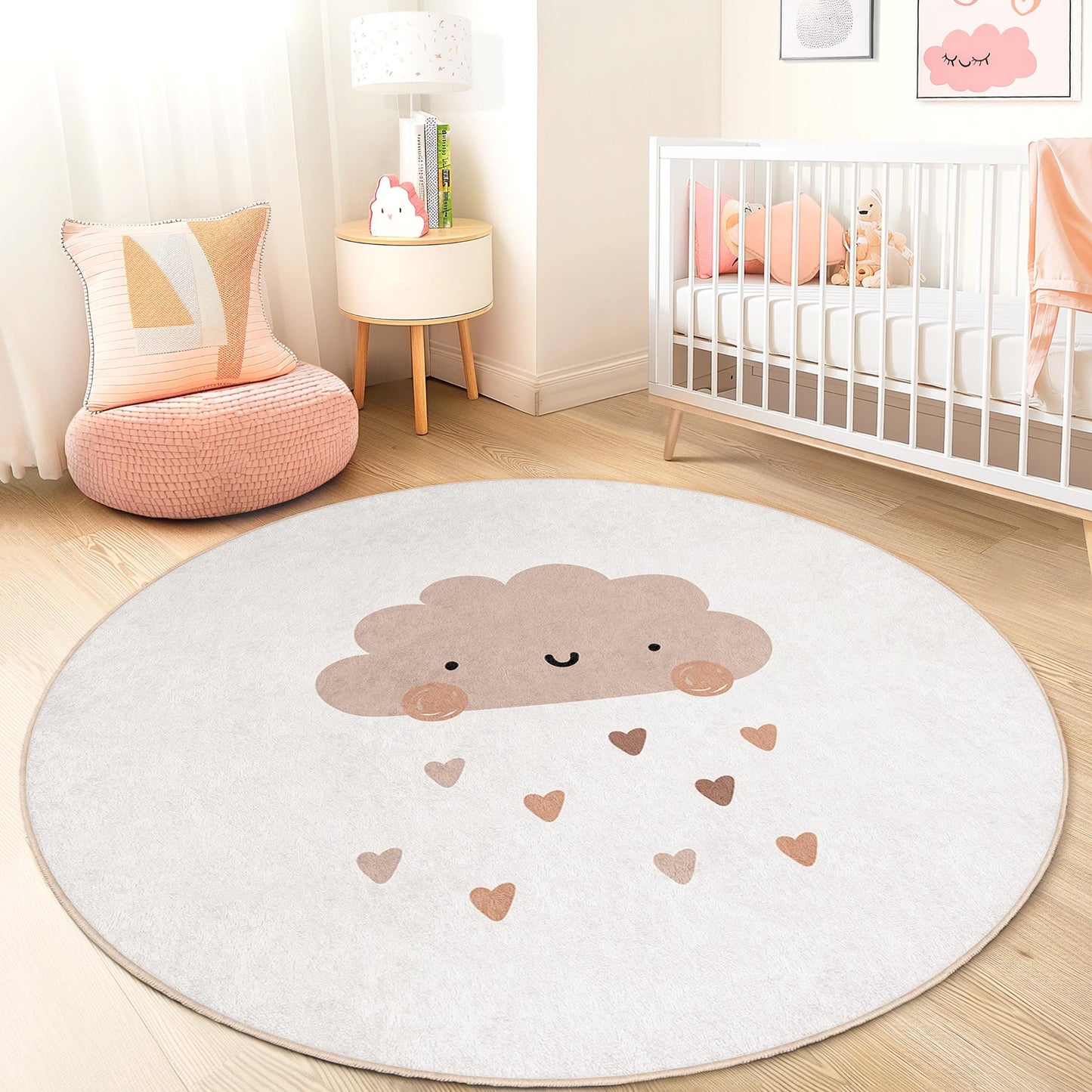 Schattig rond kinderkleed met wolkjesmotief, lief kleed voor de babykamer, zacht speelkleed, babykleed met hartjes en regenprint, decoratie voor de kinderkamer