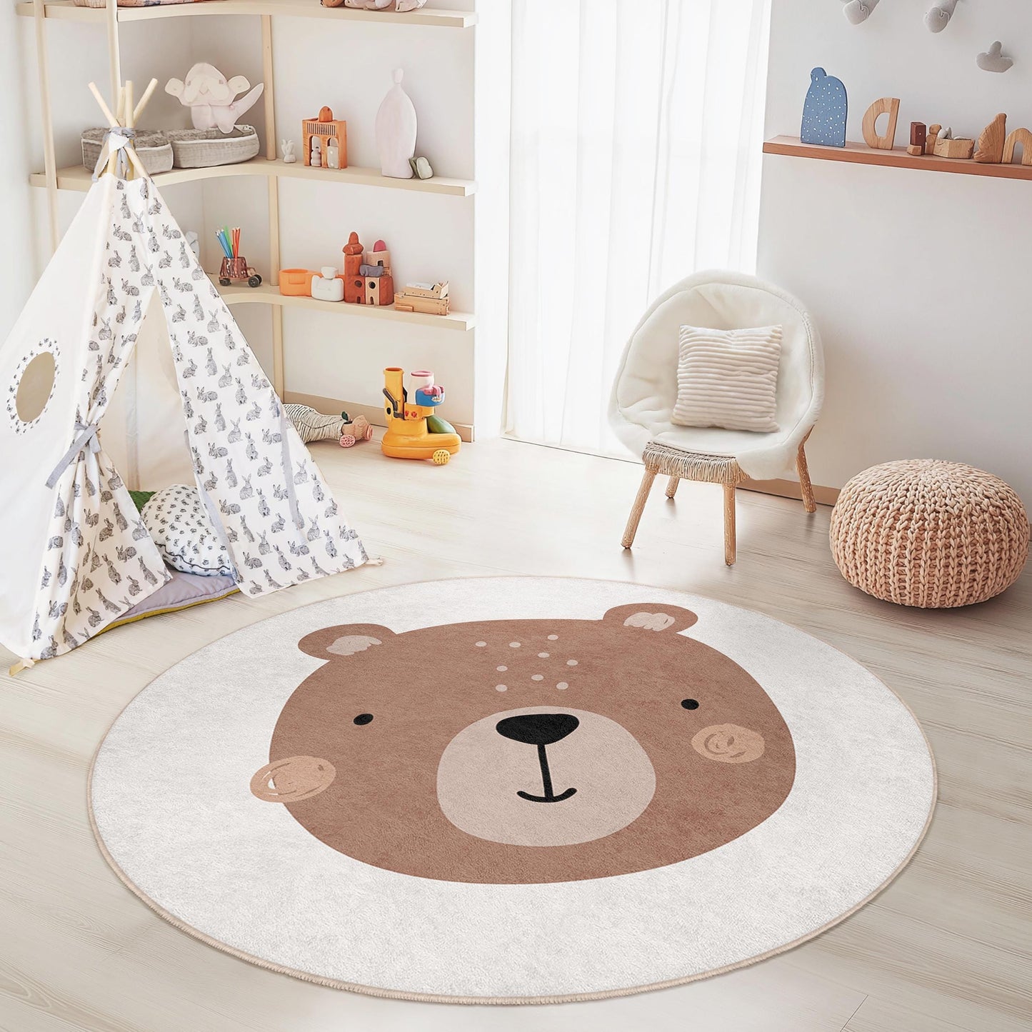 Cute Bear Round Kids Rug, Adorable Bear Play Mat, Round Nursery Carpet, Soft Kids Room Decor, Animal Theme Rug, Playroom Accessory