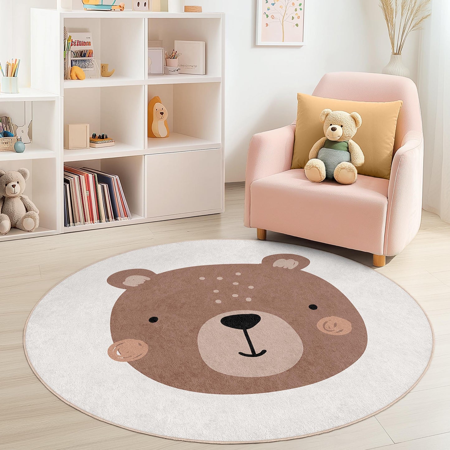 Cute Bear Round Kids Rug, Adorable Bear Play Mat, Round Nursery Carpet, Soft Kids Room Decor, Animal Theme Rug, Playroom Accessory