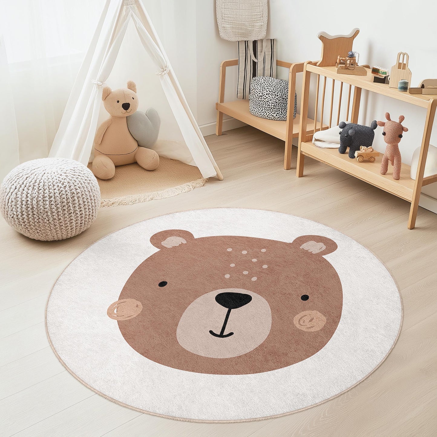 Cute Bear Round Kids Rug, Adorable Bear Play Mat, Round Nursery Carpet, Soft Kids Room Decor, Animal Theme Rug, Playroom Accessory