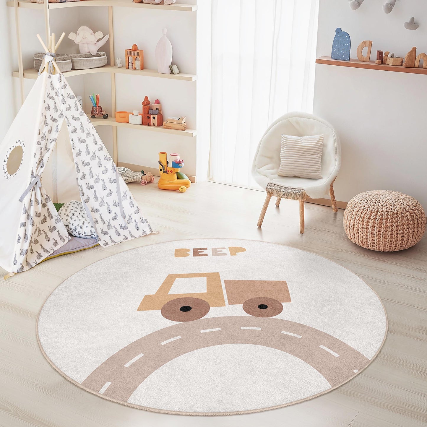 Beep Truck Round Kids Play Rug, Soft Nursery Rug, Interactive Play Mat for Toddlers, Round Playroom Decor, Kids Room Carpet