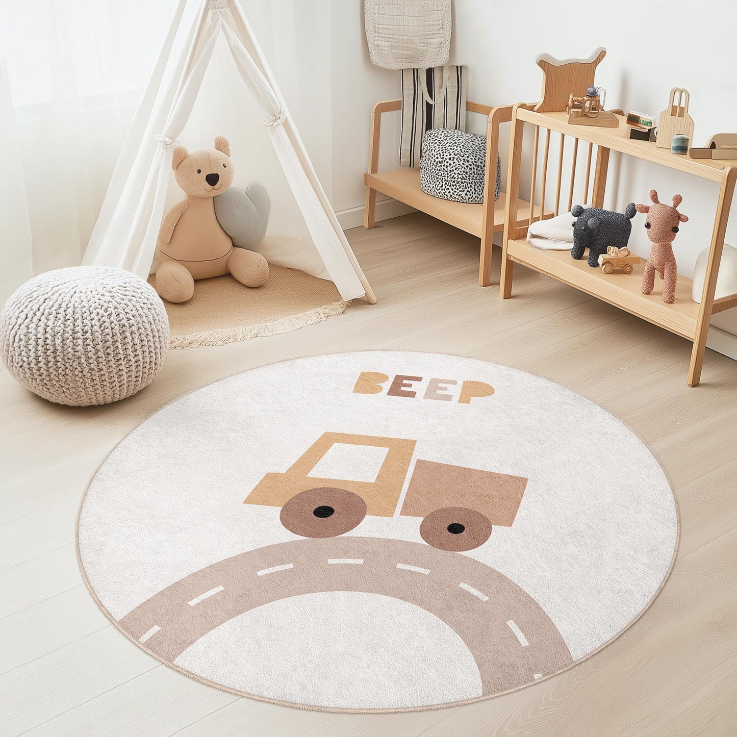 Beep Truck Round Kids Play Rug, Soft Nursery Rug, Interactive Play Mat for Toddlers, Round Playroom Decor, Kids Room Carpet