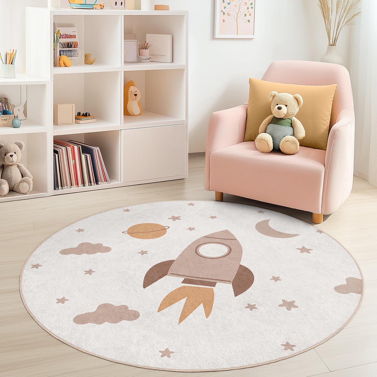Rocket Adventure Round Kids Rug, Space Theme Nursery Carpet, Playroom Decor, Soft Area Rug for Kids Room, Cosmic Kids Play Mat