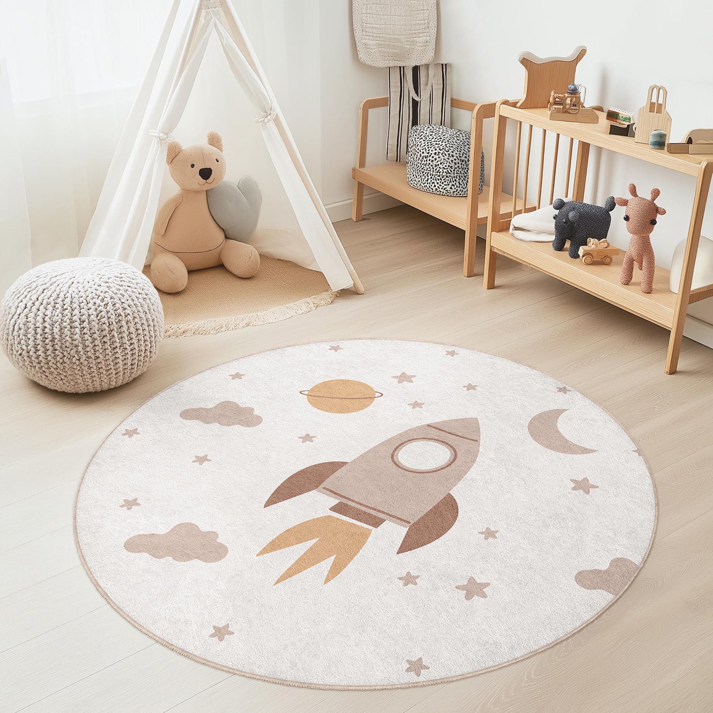 Rocket Adventure Round Kids Rug, Space Theme Nursery Carpet, Playroom Decor, Soft Area Rug for Kids Room, Cosmic Kids Play Mat