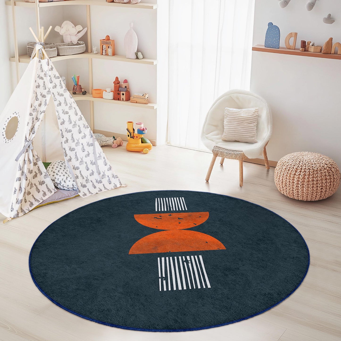 Geometric Round Kids Room Rug, Modern Design Play Mat, Round Carpet for Nursery, Soft Area Rug, Kids Decor, Playroom Flooring