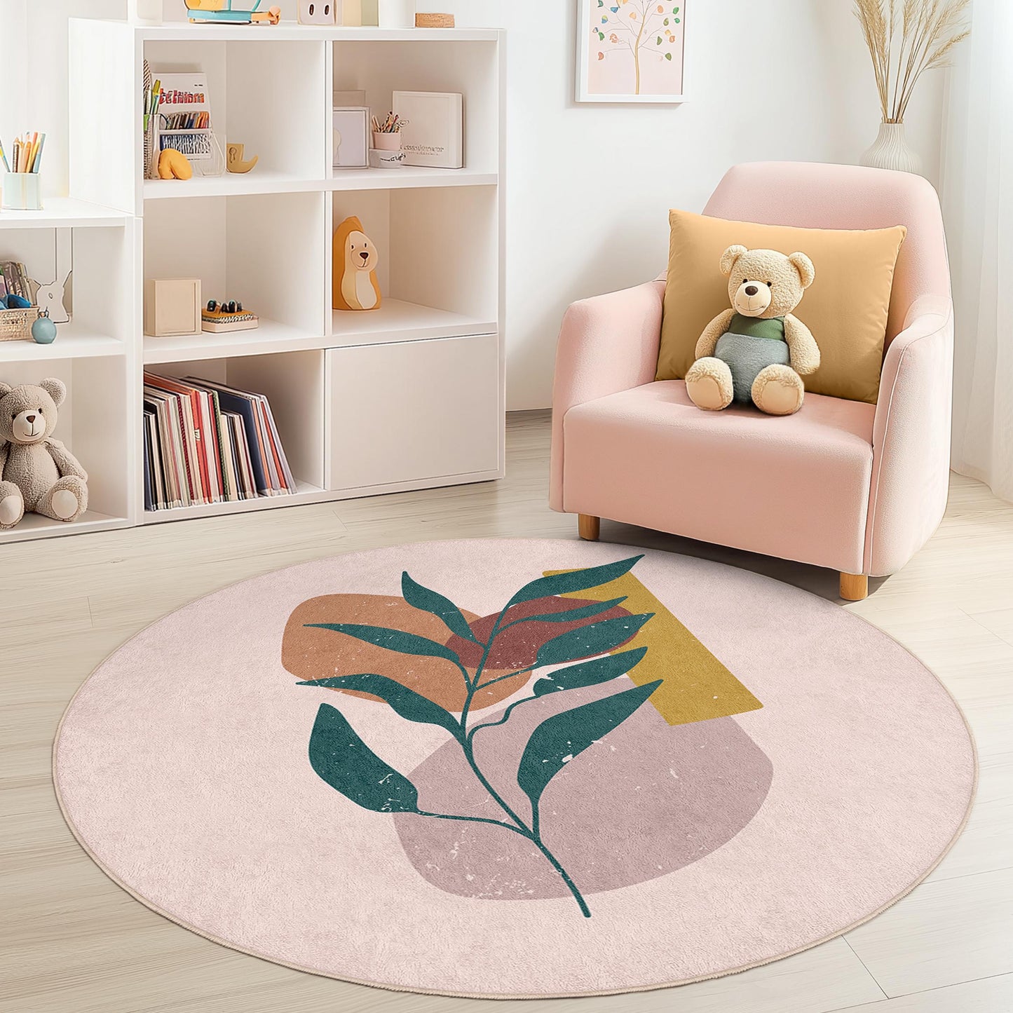Abstract Leaf Pattern Round Kids Room Rug, Modern Floral Round Carpet, Playroom Decor, Nursery Area Rug, Soft Round Mat