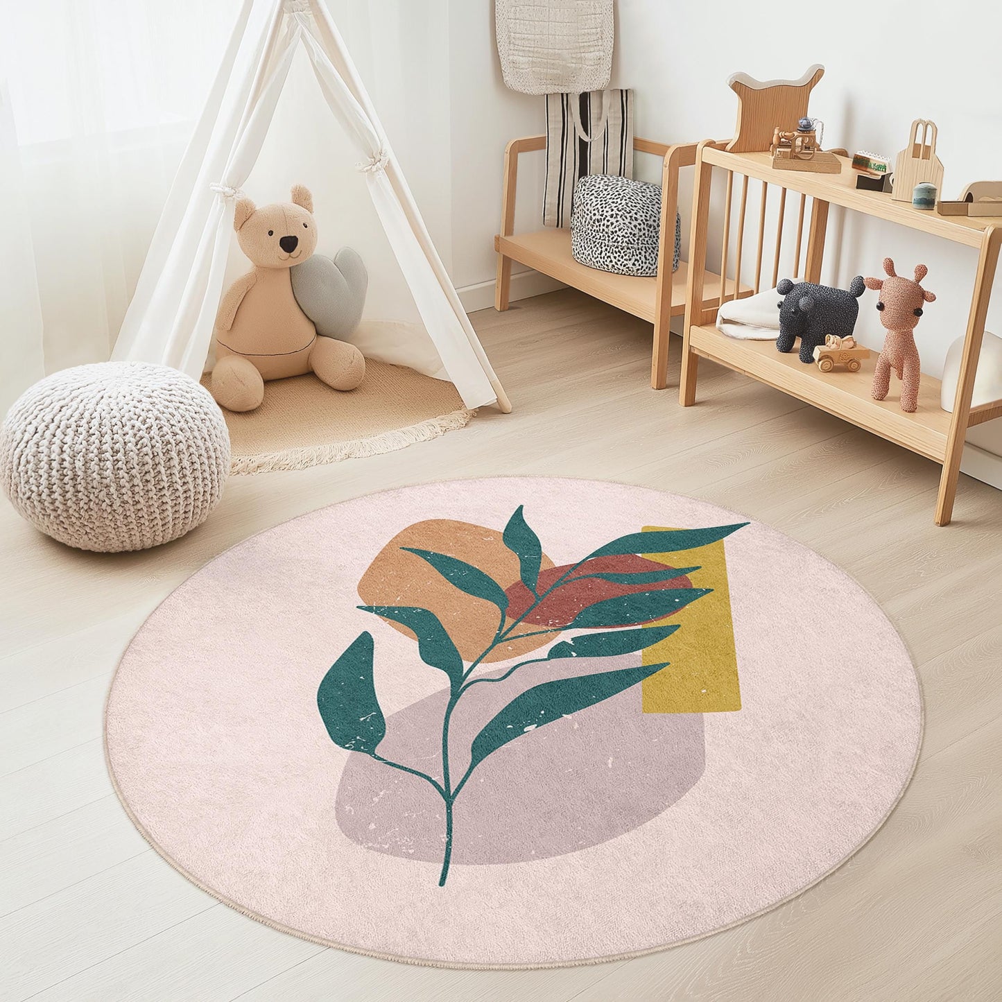 Abstract Leaf Pattern Round Kids Room Rug, Modern Floral Round Carpet, Playroom Decor, Nursery Area Rug, Soft Round Mat