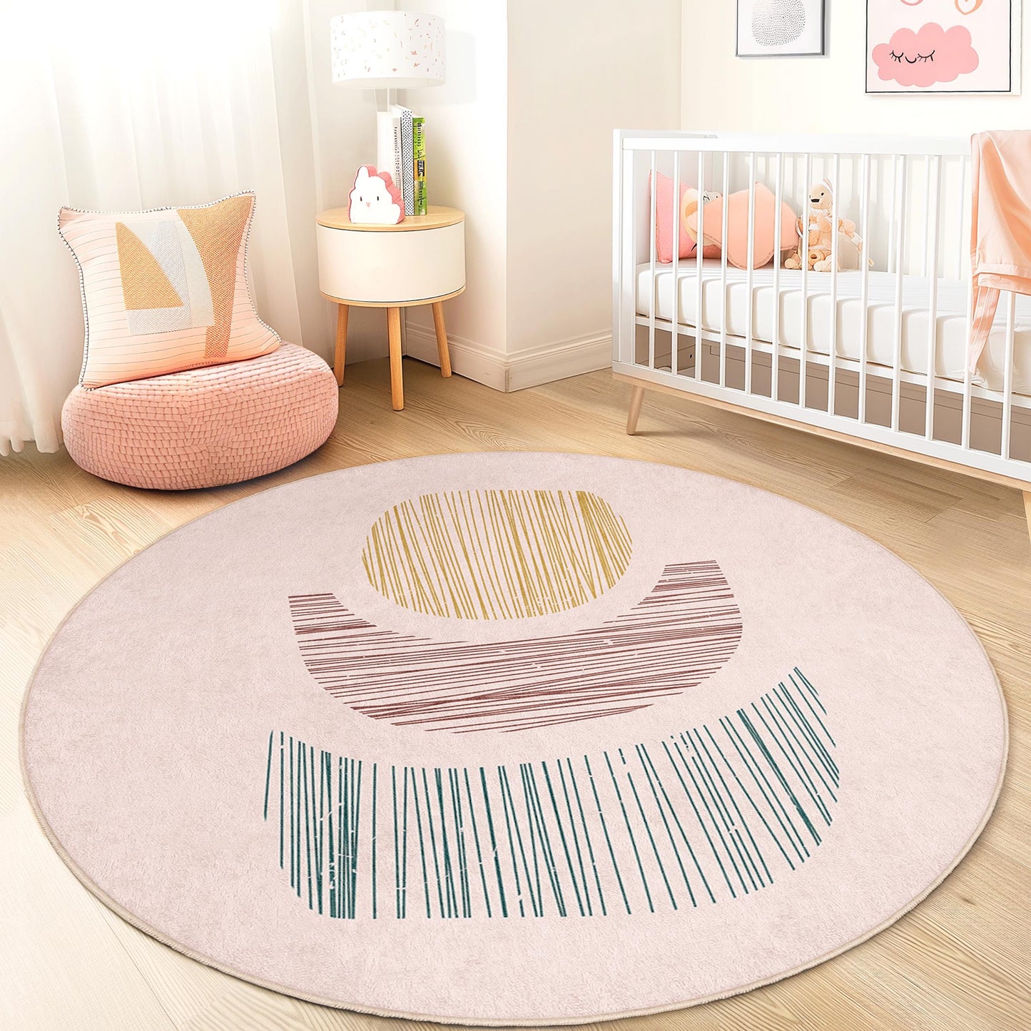Modern Round Kids Rug, Abstract Shapes Playroom Carpet, Soft Nursery Mat, Round Play Area Rug, Boho Kids Room Decor