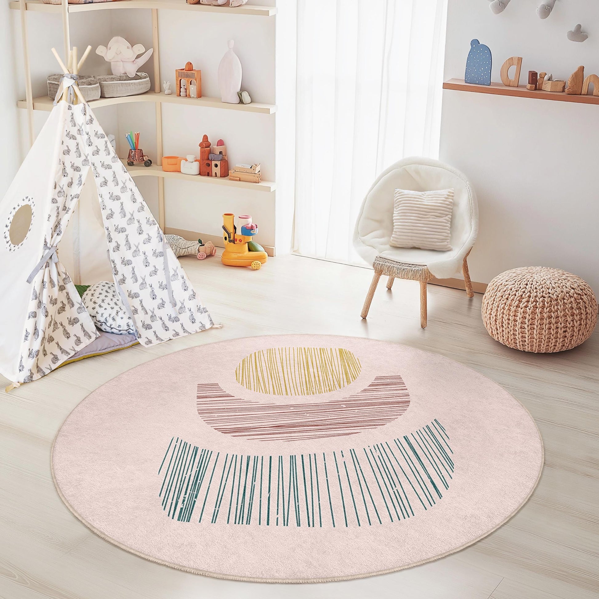 Modern Round Kids Rug, Abstract Shapes Playroom Carpet, Soft Nursery Mat, Round Play Area Rug, Boho Kids Room Decor