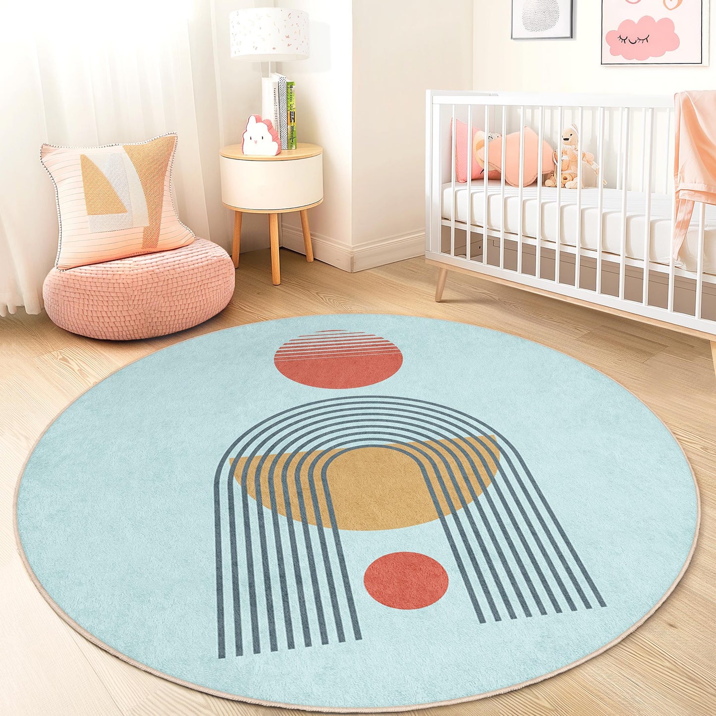Geometric Shapes Round Kids Rug, Colorful Circle Play Mat, Soft Nursery Rug, Toddler Room Carpet, Baby Room Decor
