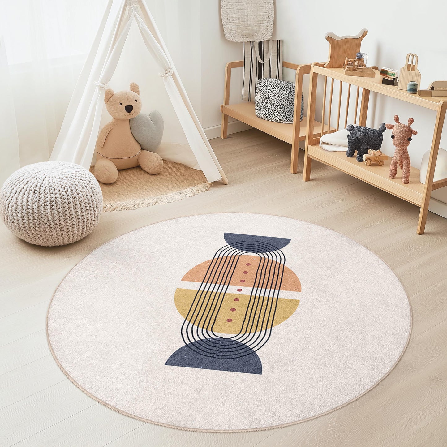 Modern Geometric Round Area Rug, Stylish Round Carpet for Kids Room, Soft Play Mat, Nursery Decor, Playroom Rug, Children's Room Decor