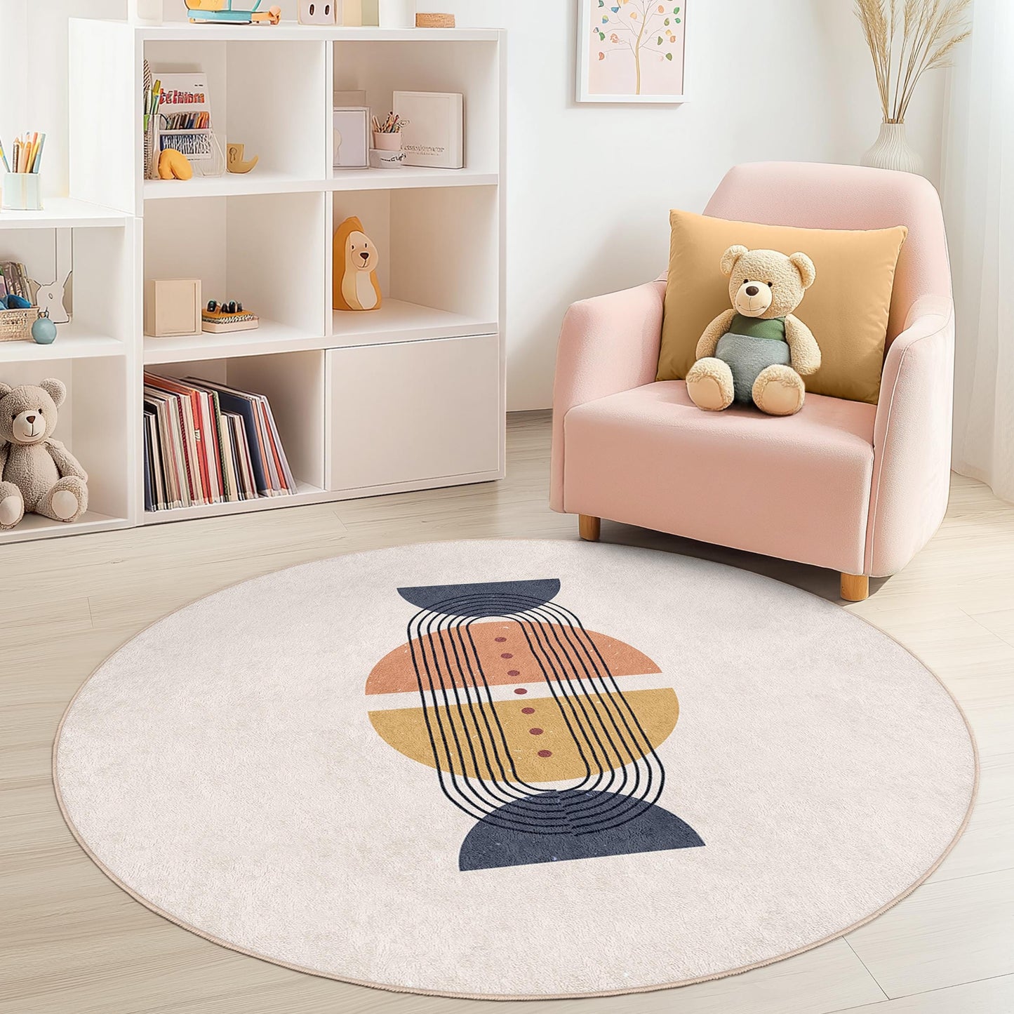 Modern Geometric Round Area Rug, Stylish Round Carpet for Kids Room, Soft Play Mat, Nursery Decor, Playroom Rug, Children's Room Decor