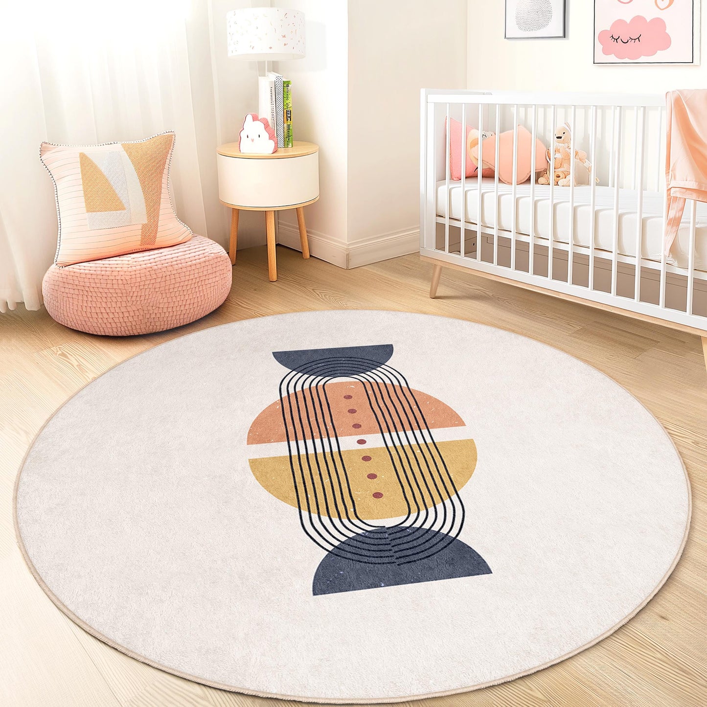 Modern Geometric Round Area Rug, Stylish Round Carpet for Kids Room, Soft Play Mat, Nursery Decor, Playroom Rug, Children's Room Decor