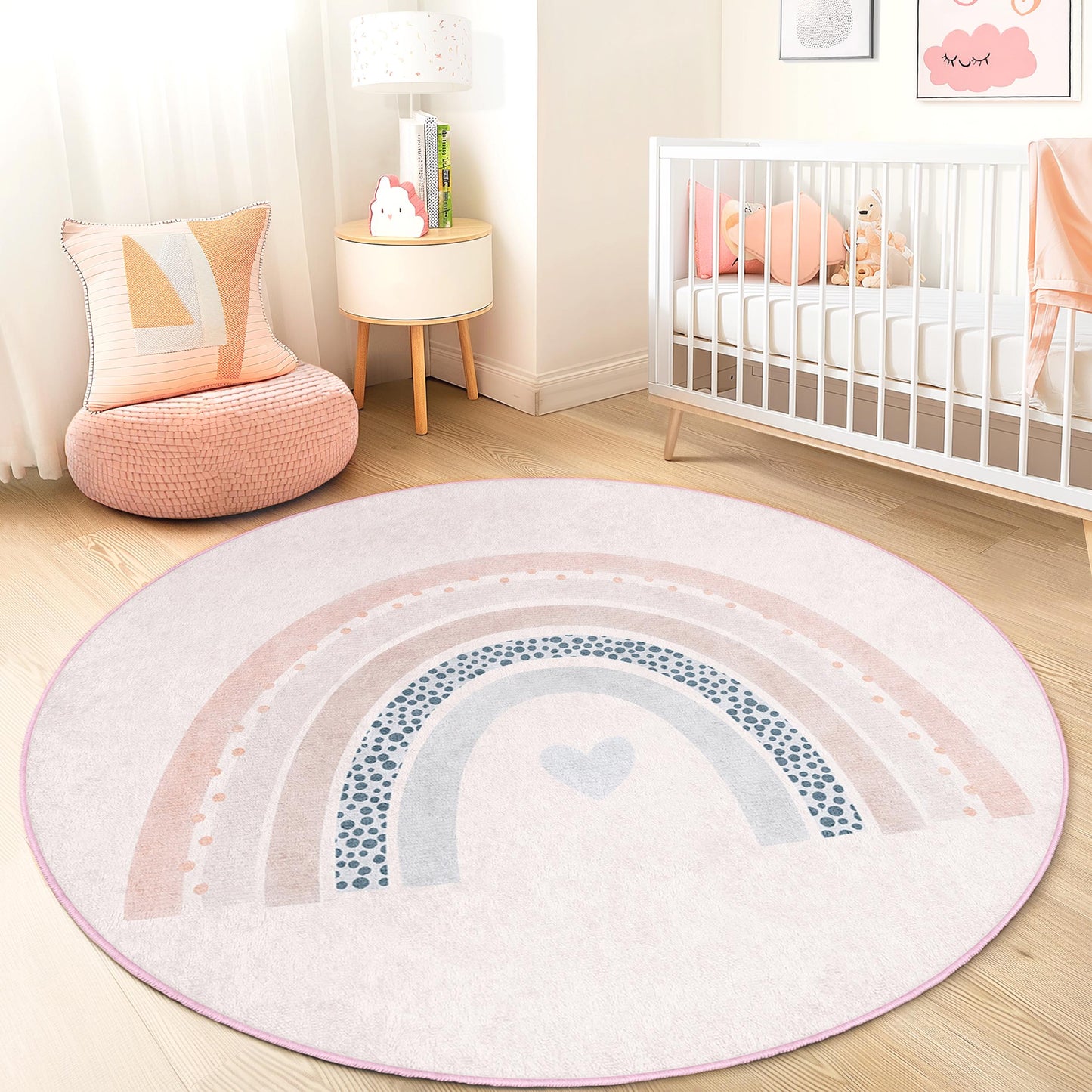 Rainbow Pattern Round Kids Rug, Soft Nursery Carpet, Playroom Mat, Playful Kids Room Decor, Pastel Rainbow Area Rug