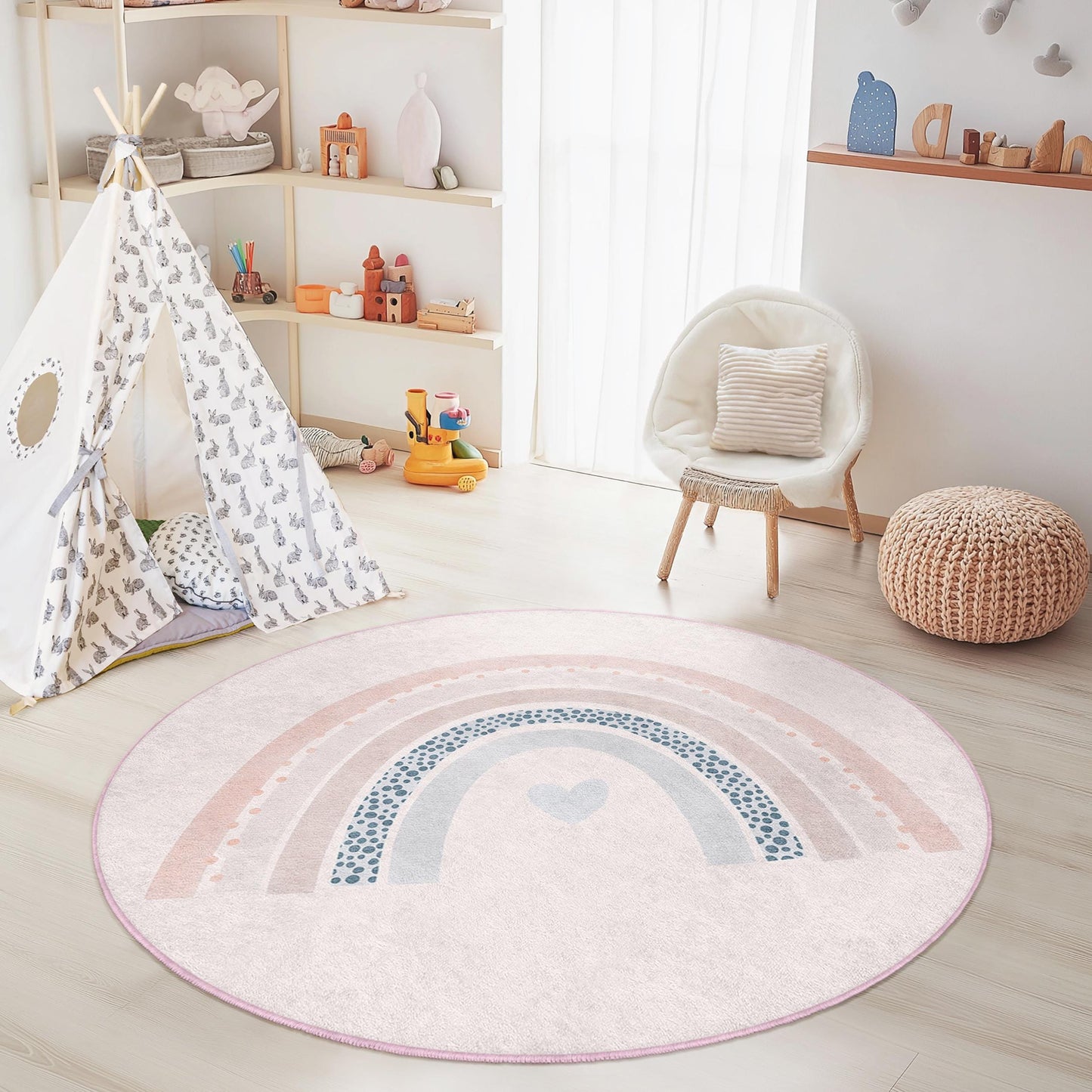 Rainbow Pattern Round Kids Rug, Soft Nursery Carpet, Playroom Mat, Playful Kids Room Decor, Pastel Rainbow Area Rug