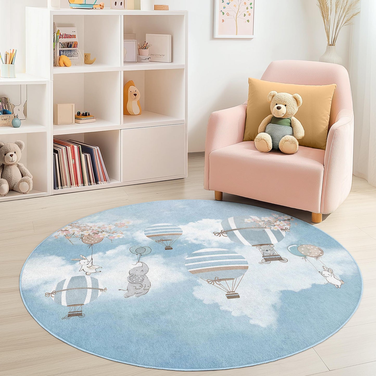 Hot Air Balloon Kids Round Rug, Nursery Room Decor, Soft Play Mat for Children, Cute Cartoon Rug, Baby Room Flooring