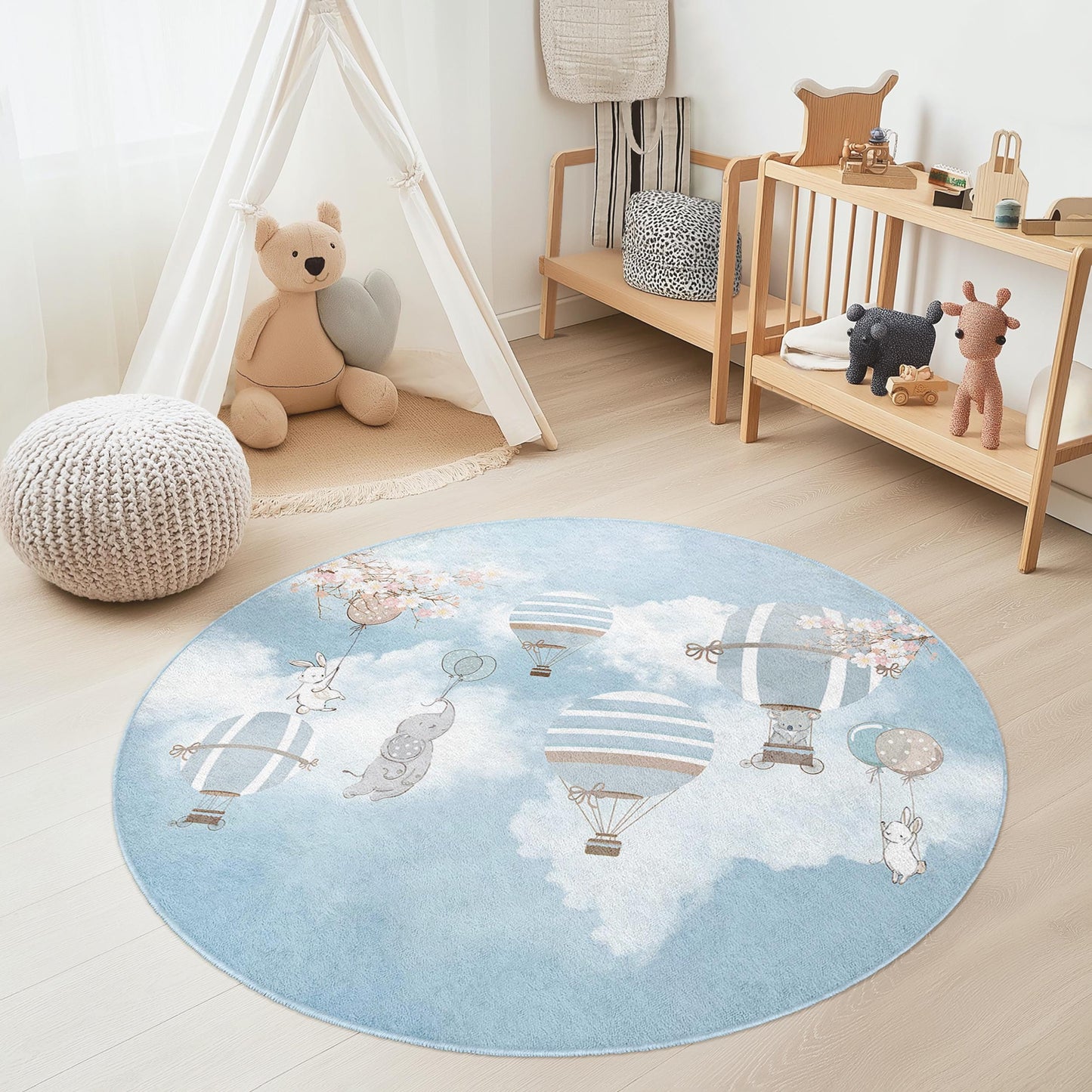 Hot Air Balloon Kids Round Rug, Nursery Room Decor, Soft Play Mat for Children, Cute Cartoon Rug, Baby Room Flooring