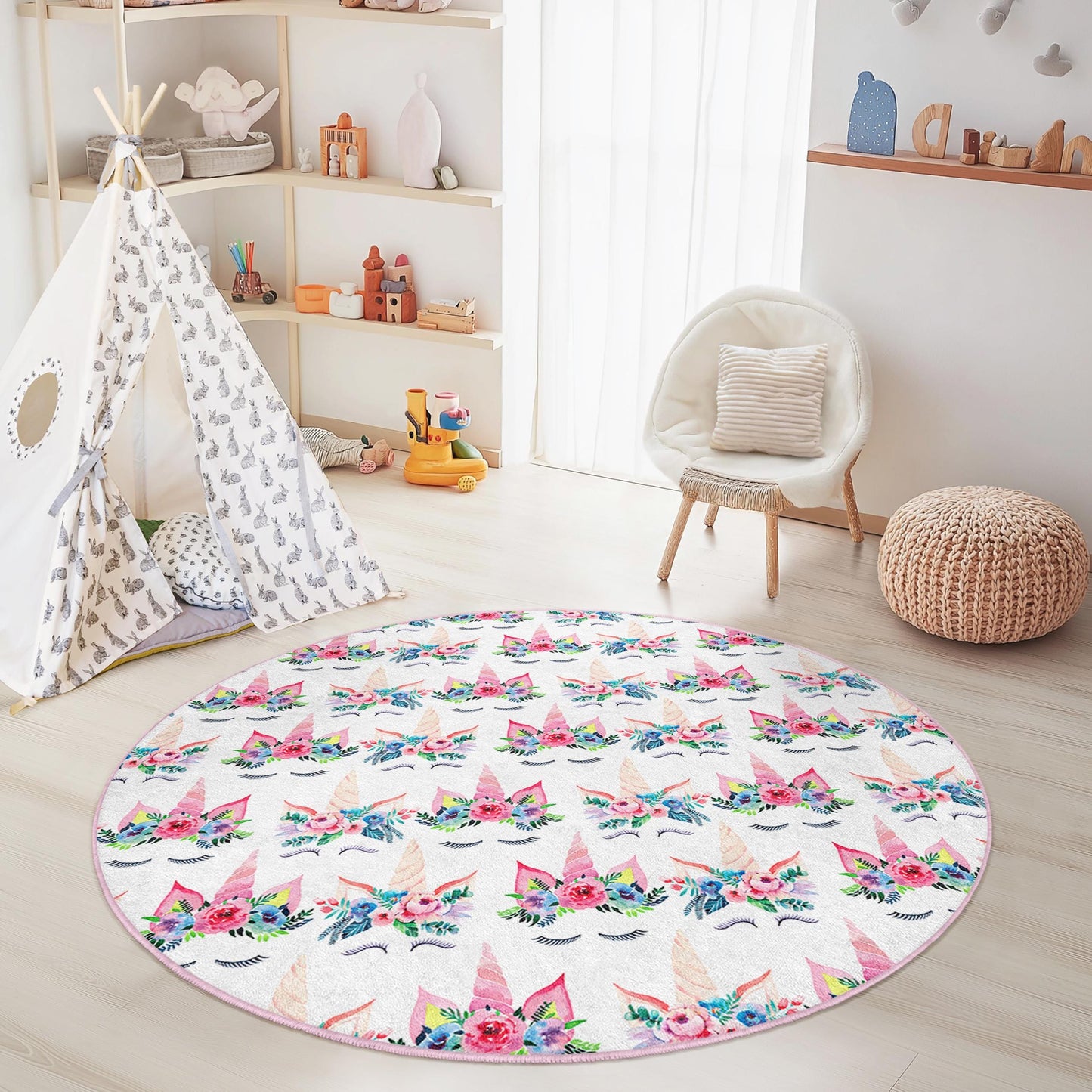 Whimsical Floral Unicorn Round Kids Rug, Unicorn Play Mat, Cute Nursery Decor, Soft Round Carpet for Children's Room, Playroom Rug