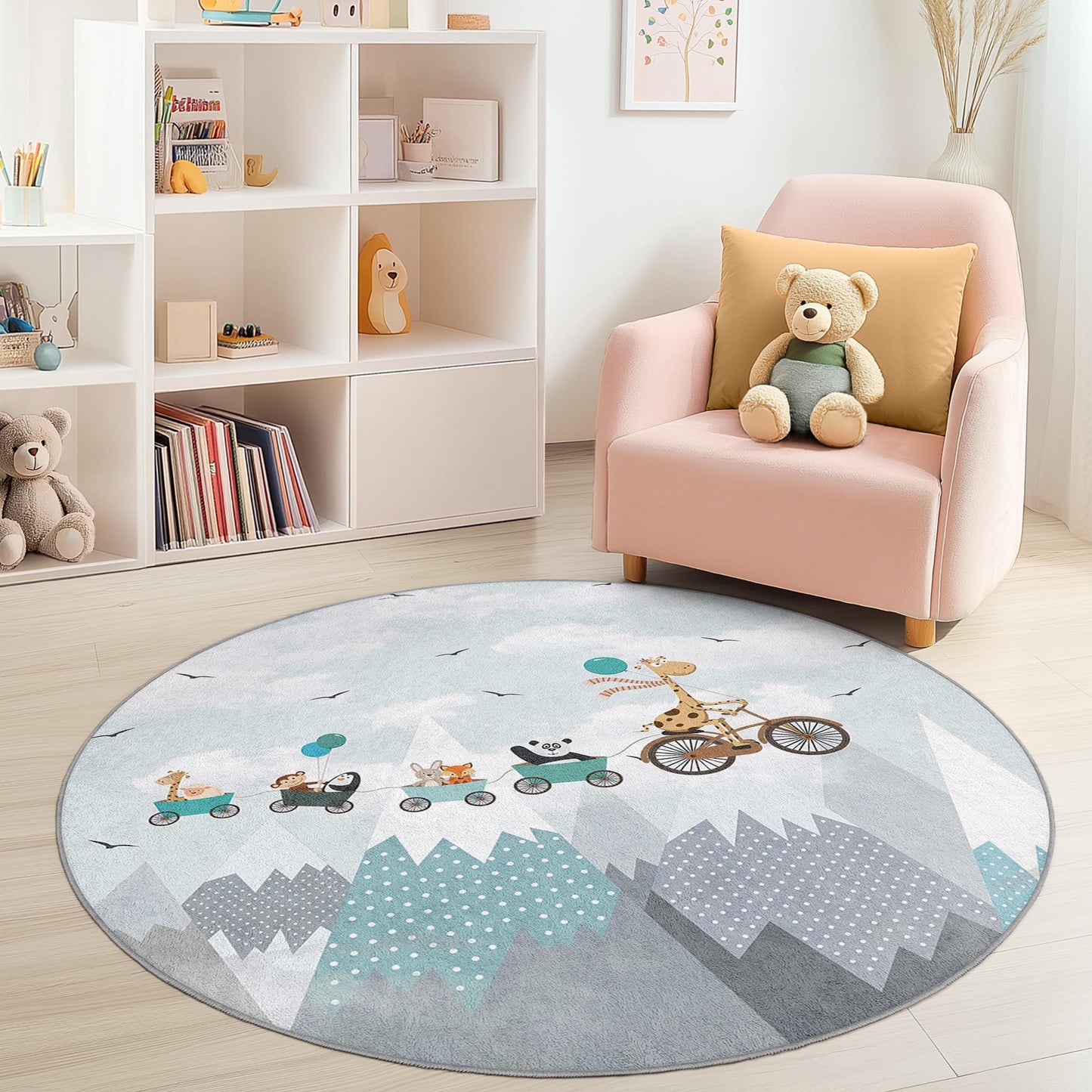Whimsical Animal Parade Round Kids Rug, Soft Play Mat for Nursery, Cute Nursery Decor, Child's Room Carpet, Playroom Rug