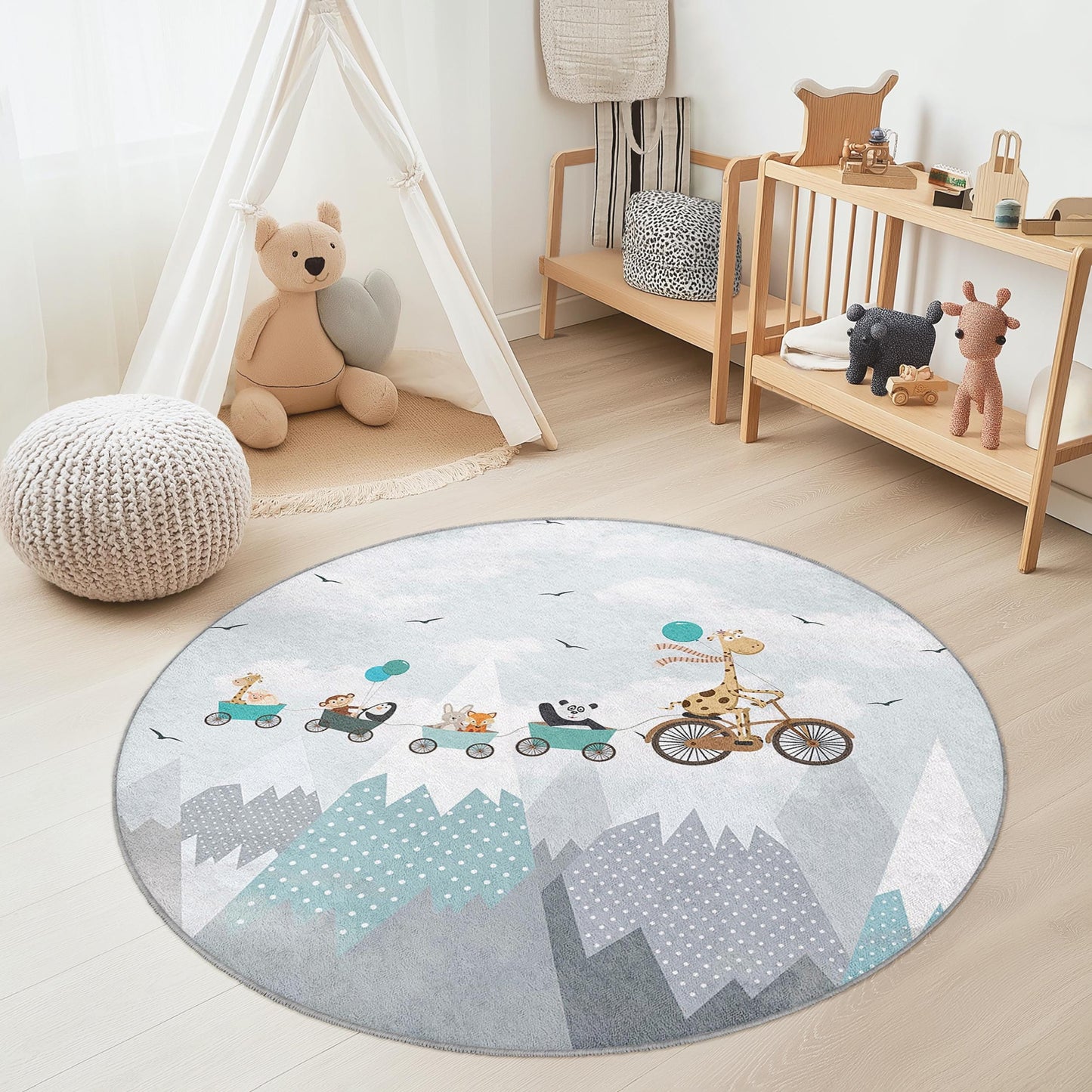 Whimsical Animal Parade Round Kids Rug, Soft Play Mat for Nursery, Cute Nursery Decor, Child's Room Carpet, Playroom Rug