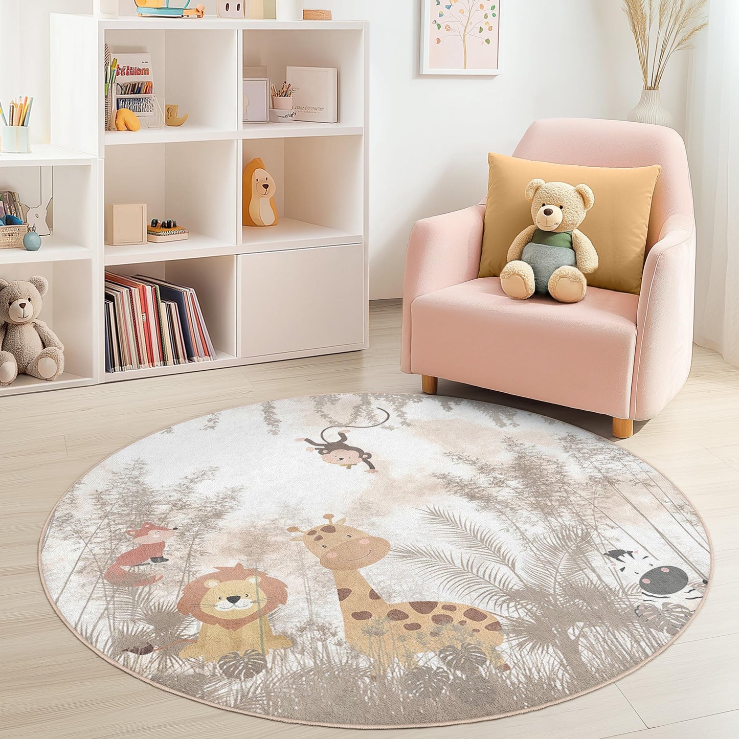 Cute Safari Animals Round Kids Rug, Animal Themed Play Mat, Nursery Decor, Soft Round Carpet for Kids Room, Jungle Animal Rug