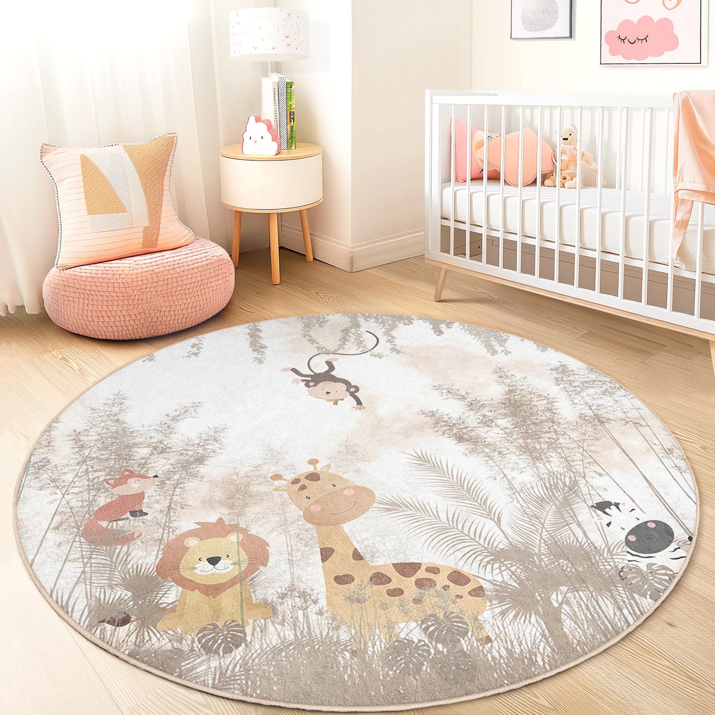 Cute Safari Animals Round Kids Rug, Animal Themed Play Mat, Nursery Decor, Soft Round Carpet for Kids Room, Jungle Animal Rug
