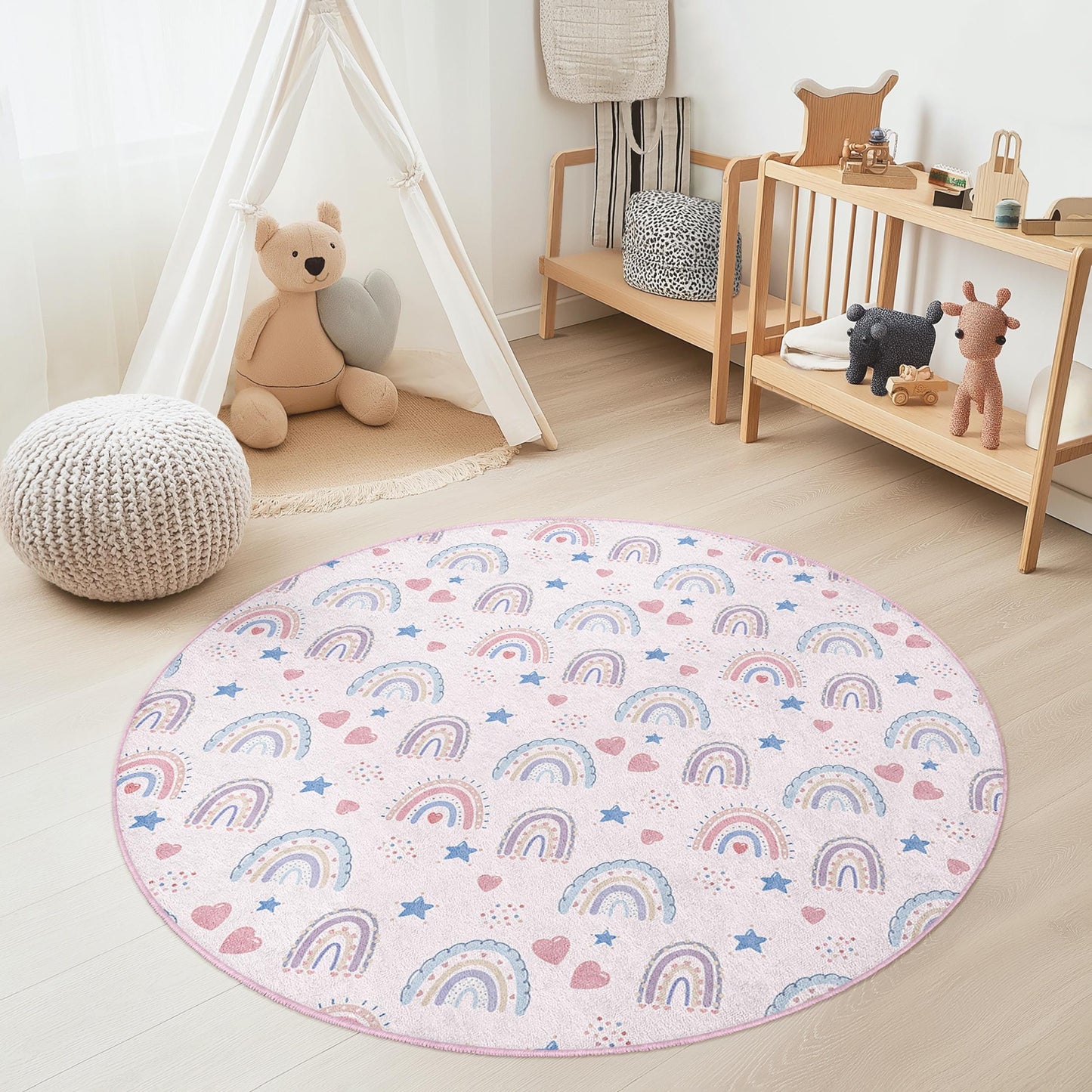 Rainbow Dreams Soft Round Kids Rug, Colorful Rainbow Area Rug, Playroom Decor, Nursery Rug, Toddler Room Carpet, Kids Room Mat