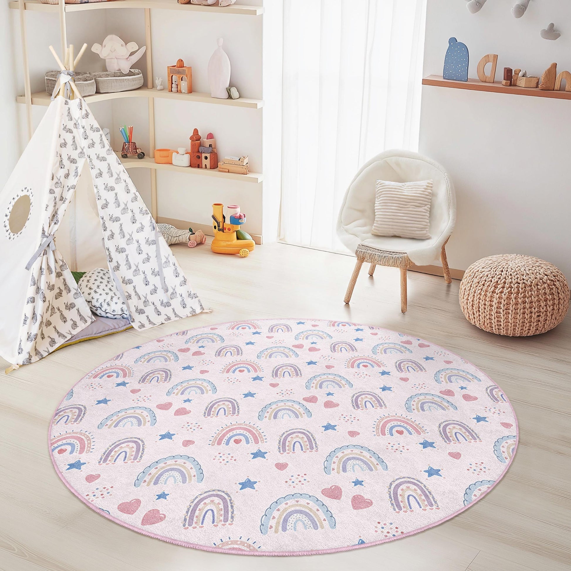 Rainbow Dreams Soft Round Kids Rug, Colorful Rainbow Area Rug, Playroom Decor, Nursery Rug, Toddler Room Carpet, Kids Room Mat